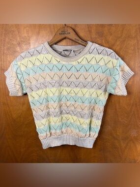 VINTAGE Pastel Striped Crochet Cable Knit Short Sleeve Sweater Y2K Retro 90s Mod